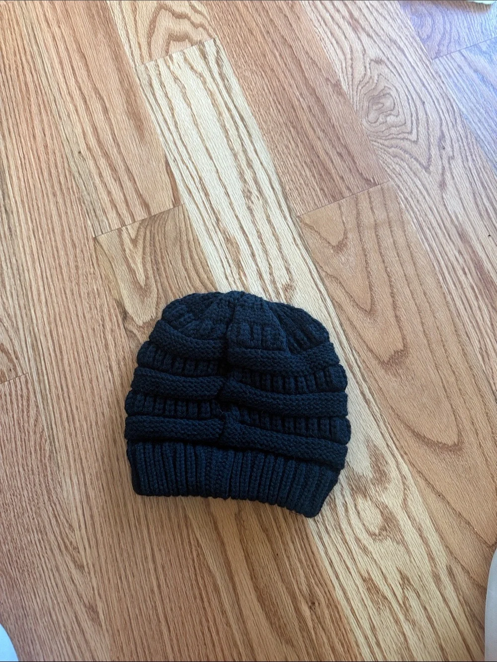 CC  black  Ribbed Knit Beanie with hole for ponytail